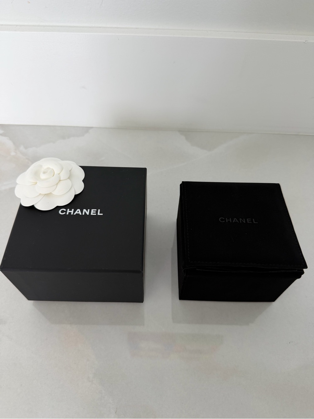 CHANEL Outer Jewelry Box Inside Logo Flap Box with White Camellia